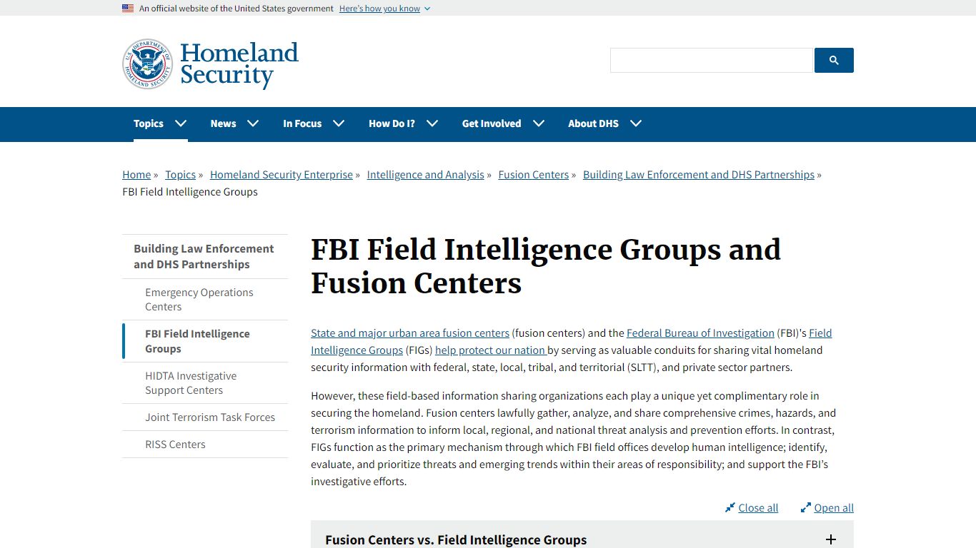 FBI Field Intelligence Groups and Fusion Centers | Homeland Security - DHS